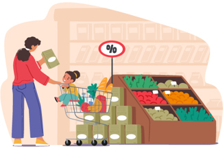 Graphic of a woman produce shopping with a child in the shopping cart.