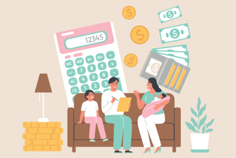 Graphic of a two adults, a child and a baby gathered on a couch talking with a giant calculator, coins, and dollar bills surrounding them.