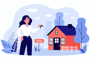 Graphic of a woman holding keys in front of a house with a sale sign in the yard.